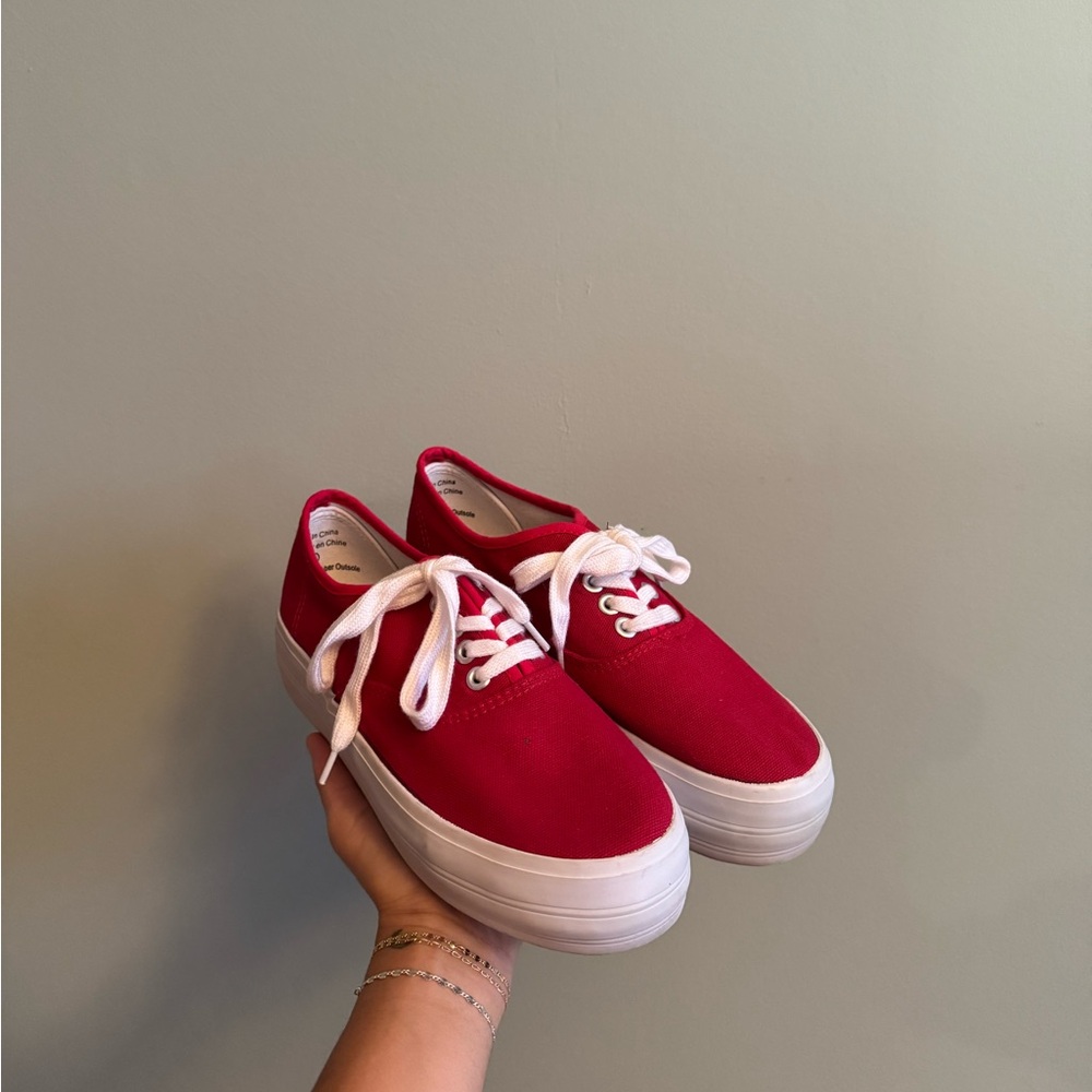Red and white platform BDG sneakers